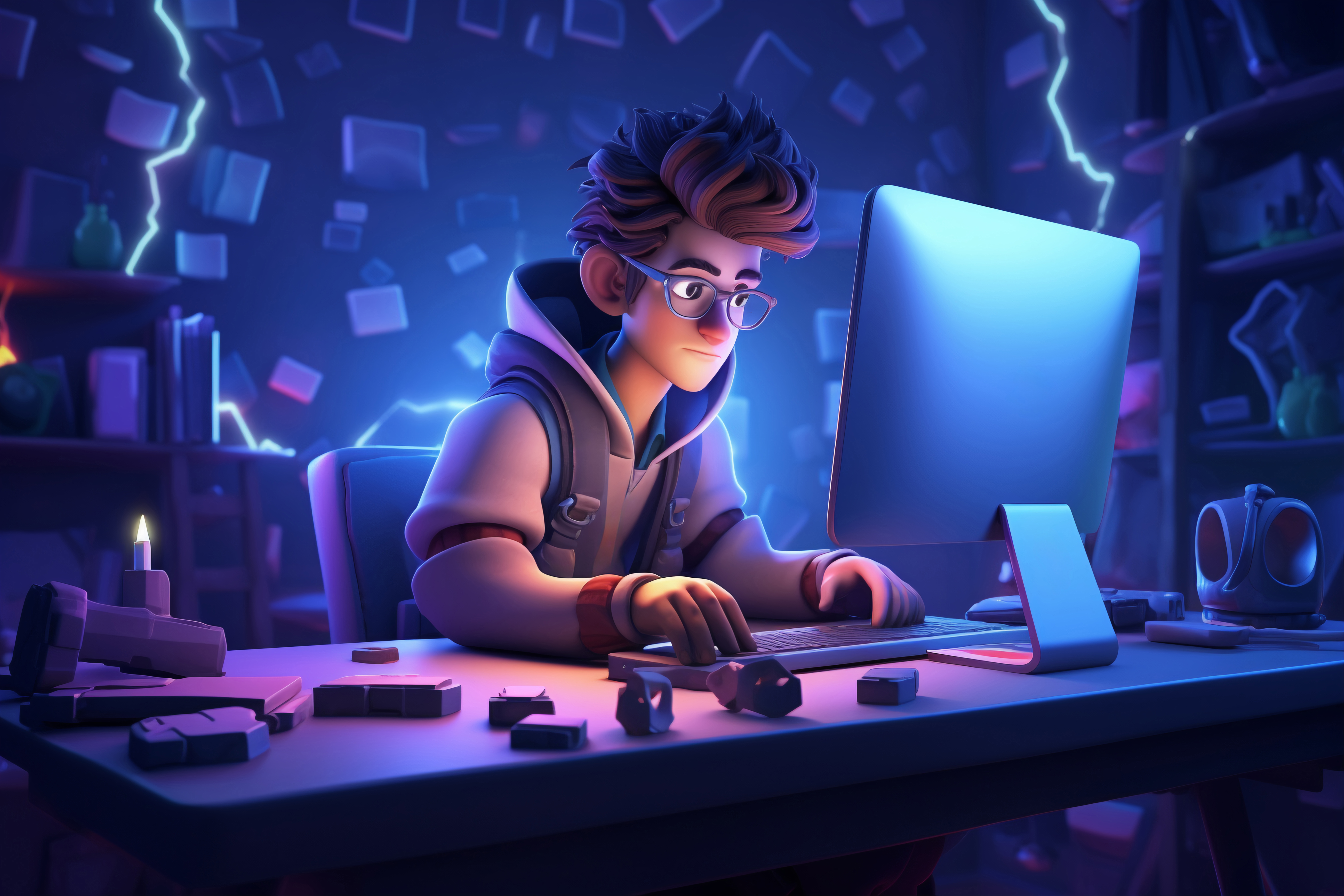 Researcher wearing glasses and coding