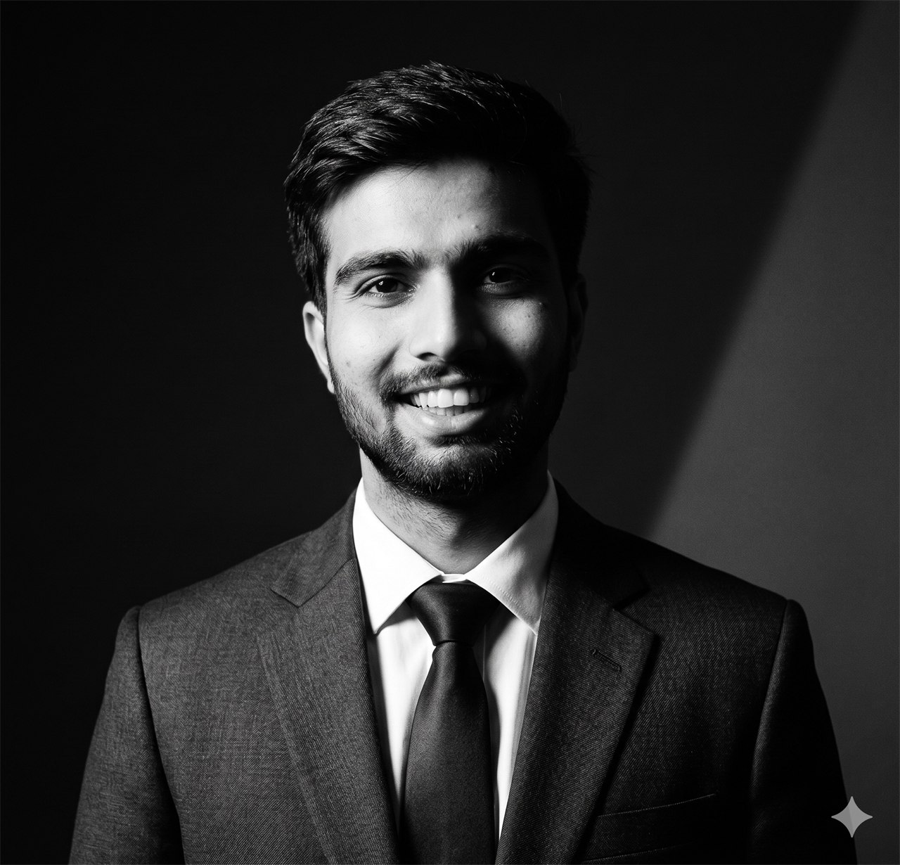 Professional black-and-white portrait of Mudit Sharma